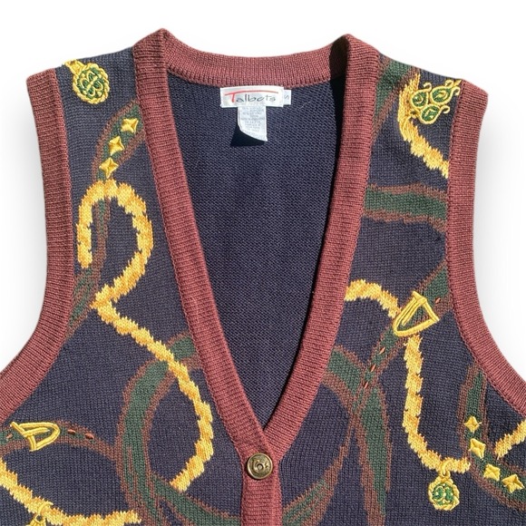 Vintage Talbots Chain Print Sweater Vest Navy Burgundy Boho Women's Small - Picture 3 of 7